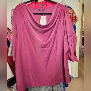 #226 BLOOMCHIC- Maroon Colored Draped Neck Roll Sleeve Top.sz. 22W/24W